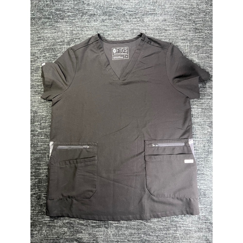 FIGS Scrub Top Women Medium Black Technical Collection V-Neck Multi-Pocket 0369